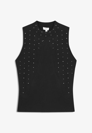 Czarny bezrękawnik z dzianiny, z okrągłym dekoltem, ozdobiony srebrnymi kwadratowymi i okrągłymi cekinami w rozrzuconym wzorze.