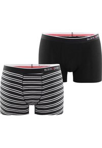 Due paia di boxer da uomo: uno è di colore nero uniforme, mentre l'altro presenta strisce orizzontali bianche e nere. Entrambi hanno un cinturino elastico.
