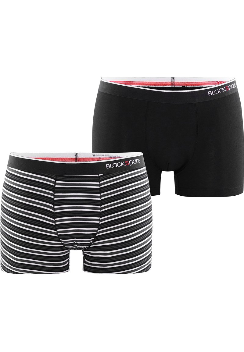 Due paia di boxer da uomo: uno è di colore nero uniforme, mentre l'altro presenta strisce orizzontali bianche e nere. Entrambi hanno un cinturino elastico.