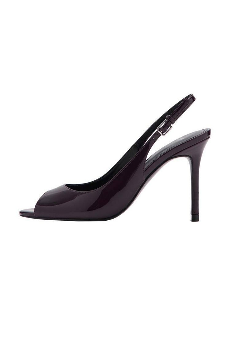 Fialové patentné kožené slingback vysoké podpätky s otvorenou špičkou, štíhlym stiletto podpätkom, nastaviteľným remienkom a hladkým, lesklým povrchom.