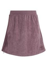 Lila mockaskör med elastisk midja, med en jämn textur och sidofållar. Inkluderar en liten logotyp på nedersta högra sidan.