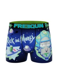 Boxers pour hommes avec un design inspiré de l'espace en bleu et vert, ornés de graphiques "Rick et Morty" et d'une ceinture élastique vive.