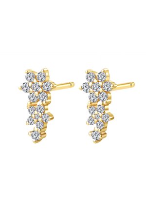 Gold stud earrings shaped like arrows, each adorned with multiple round clear gemstones arranged in clusters.