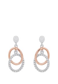 Pendientes de plata con dos aros entrelazados, uno en oro rosa y otro en plata, con piedras claras incrustadas.