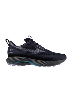 Baskets de course Mizuno Wave Rider TT 3 noires et grises avec un motif sur les côtés, semelle épaisse et rembourrée, et semelle extérieure à profilé, vue latérale.