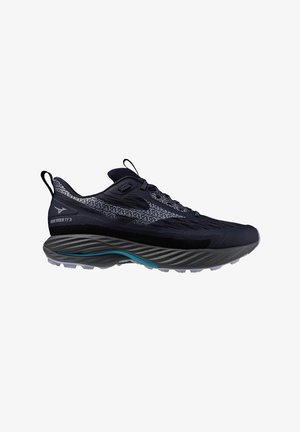 Baskets de course Mizuno Wave Rider TT 3 noires et grises avec un motif sur les côtés, semelle épaisse et rembourrée, et semelle extérieure à profilé, vue latérale.