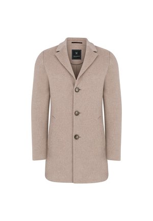 Beżowy płaszcz z mieszanki wełny z wyłogiem z wcięciem, trzema guzikami z przodu oraz dwoma bocznymi kieszeniami. Gładka faktura i dopasowany krój.