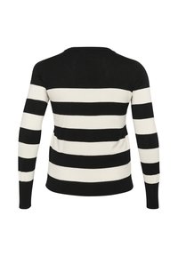 Pull à rayures noires et blanches avec manches longues, col rond et coupe ajustée. Les rayures alternées ont une largeur égale.