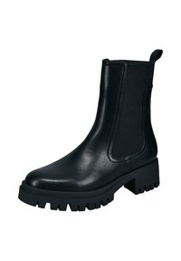 Schwarze Ankle Boots aus Leder mit elastischen Seitenpanelen, einer strukturierten Gummisohle und einem leicht klobigen Absatz.