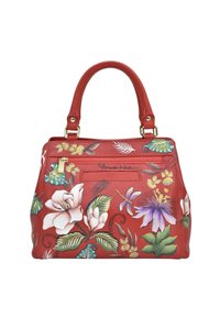 Roodleren handtas met bloemmotieven in paars, wit en geel. Voorzien van stevige handvatten en een ritsvak aan de voorkant.