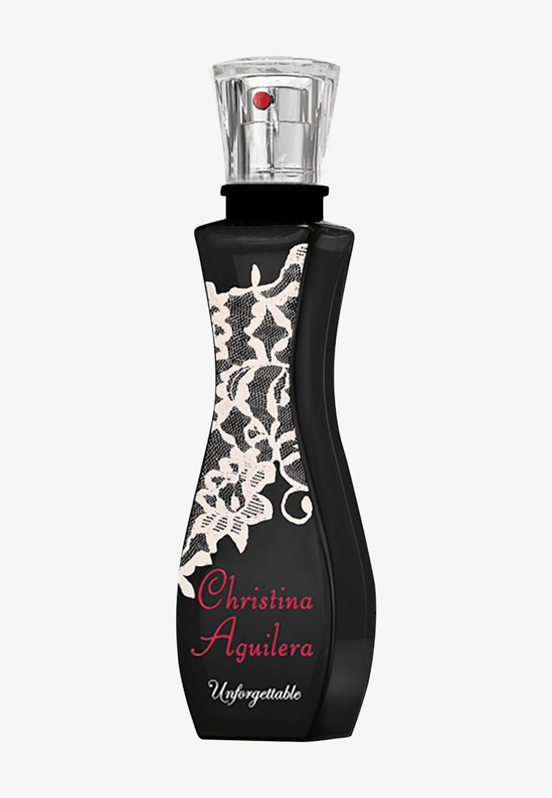 Flacon de parfum noir courbé avec motif dentelle, bouchon transparent et texte rouge indiquant "Christina Aguilera Unforgettable.".
