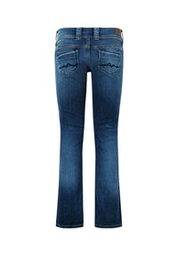 Dark blue denim jeans with a slight flare, two back pockets with wave stitching, belt loops, and a brown leather brand patch.