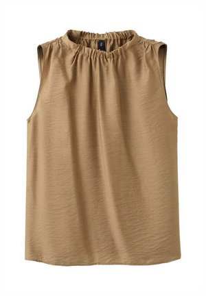 Beige mouwloze top met een geplooide halslijn, gemaakt van een lichtgewicht stof, met een gladde textuur en een ontspannen pasvorm.