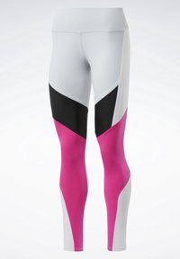 Legginsy o dopasowanym kroju z wysokim stanem, z białymi, czarnymi i intensywnie różowymi panelami w kolorze blokowym z przodu i po bokach.