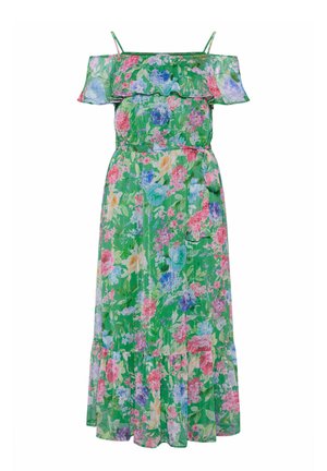 Grøn blomsterprint off-shoulder midikjole med flæset halsudskæring, tynde stropper, bindebånd i taljen og lagdelt kant.