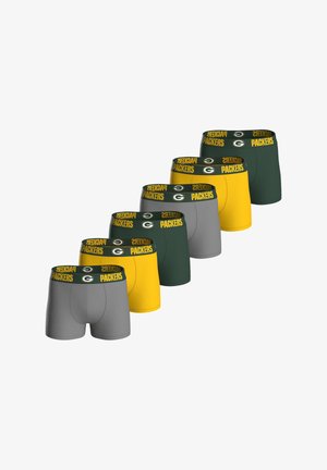 Packers-themed men's boxer briefs in gray, green, and yellow. Features an elastic waistband with "PACKERS" text and logo. Four pairs included.