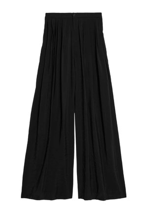 Pantalon large noir à plis, taille haute, fermeture devant par bouton et fermeture éclair, confectionné en tissu léger.