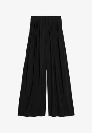 Pantalon large noir à plis, taille haute, fermeture devant par bouton et fermeture éclair, confectionné en tissu léger.