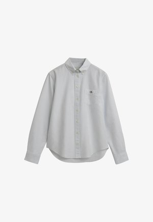 Lichtblauw overhemd met knopen, gemaakt van een gestructureerde stof. Beschikt over een kraag, lange mouwen, een borstzak en een afgeronde zoom.