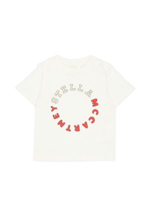 T-shirt bianca a maniche corte con "Stella McCartney" stampato in un motivo circolare in lettere crema e rosse sul davanti.