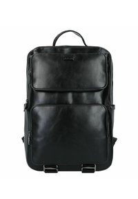 Zaino in pelle nera con texture liscia, molteplici tasche con cerniera e una maniglia superiore resistente. Dotato di ferramenti in metallo e spallacci regolabili.