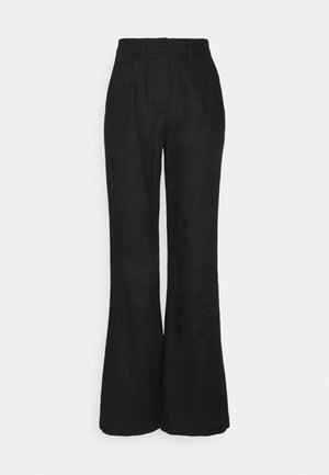 High-waisted black wide-leg pants with belt loops and a front button and zipper closure.