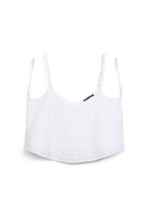 Camicetta bianca a bustino con spalline regolabili, caratterizzata da motivi floreali ricamati e una superficie testurizzata.