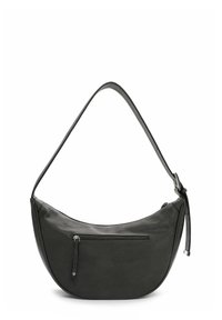 Black leather crescent-shaped shoulder bag with adjustable strap and front zipper pocket with pull tab.