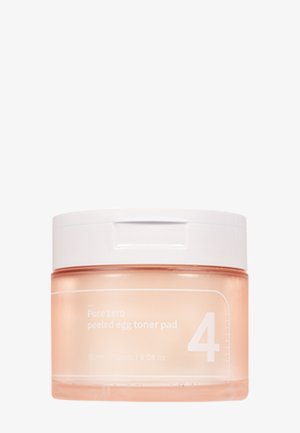 Doorzichtige perzikkleurige pot met wit deksel, gelabeld "Pore zero peeled egg toner pad", met 180 ml of 6,08 oz huidverzorgingsproduct.