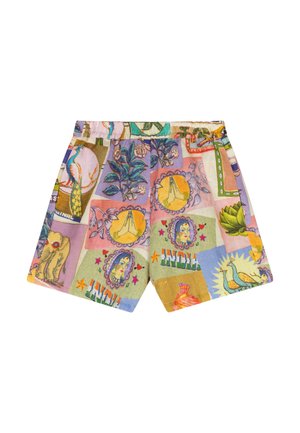 Kleurrijke korte broek met elastische taille, voorzien van patches met pauwen, biddende handen, olifant, bloemen en het woord "INDIA" in een collagepatroon.