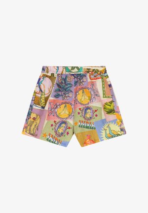 Kleurrijke korte broek met elastische taille, voorzien van patches met pauwen, biddende handen, olifant, bloemen en het woord "INDIA" in een collagepatroon.