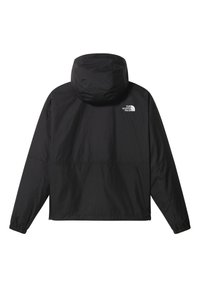 Veste noire à capuche avec poignets élastiques, vue de dos, avec un logo blanc The North Face sur l'épaule droite.