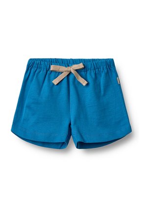 Blaue Baumwollshorts mit einem hellbraunen Kordelzug, ausgestattet mit einem elastischen Bund und einem abgerundeten Saum. Weicher Stoff ohne sichtbare Muster oder Verzierungen.