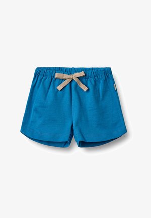 Blaue Baumwollshorts mit einem hellbraunen Kordelzug, ausgestattet mit einem elastischen Bund und einem abgerundeten Saum. Weicher Stoff ohne sichtbare Muster oder Verzierungen.