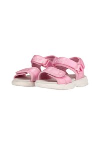 Rosa Stoffsandalen mit verstellbaren Klettverschlussriemen, gepolsterten weißen Sohlen und einem Zickzack-Logo. Offenes Design für Atmungsaktivität und Komfort.