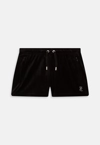 Short noir en velours avec taille élastique, cordon de serrage, poches latérales zippées et petit logo en strass sur le bas devant.