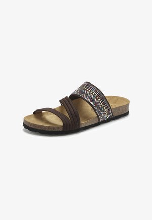 Brauner Slip-On-Sandal mit Korksohle, ausgestattet mit zwei schlichten Riemen und einem breiten Riemen, der mit mehrfarbigen Strasssteinen verziert ist.