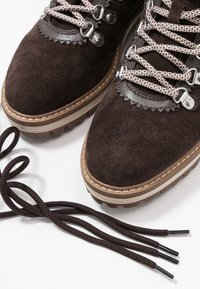 Brązowe zamszowe buty trekkingowe z srebrnymi elementami, teksturowanym wykończeniem i masywną gumową podeszwą; połączone z ciemnobrązowymi sznurówkami na białym tle.