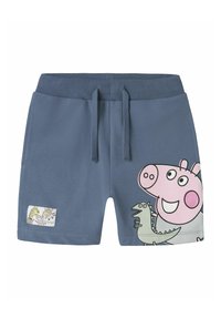 Blauwe katoenen shorts met een elastische tailleband en trekkoord. Kenmerkt een geprinte afbeelding van Peppa Pig en een dinosaurus aan de zijkant.