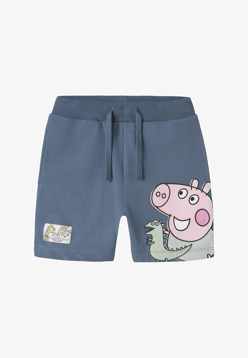 Shorts de algodón azules con una cinturilla elástica y cordón. Presenta un diseño impreso de Peppa Pig y un dinosaurio en el lateral.