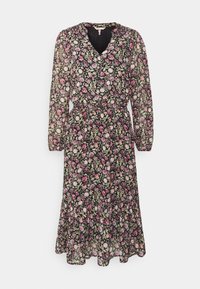 Kukallinen mekko, jossa on pitkät hihat, musta tausta, eloisat pinkit ja vihreät kukat, V-kaula-aukko, vyötäröllä vyö ja röyhelöinen helma.