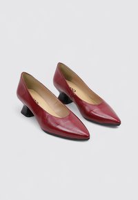 Chaussures à talons hauts en cuir rouge avec un design à bout pointu et un petit talon carré, présentant une texture lisse et un intérieur simple.