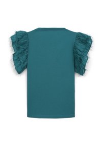 T-shirt à manches courtes teal avec un tissu transparent et froncé sur les épaules. Texture douce, col rond et ourlet droit. Design minimaliste.