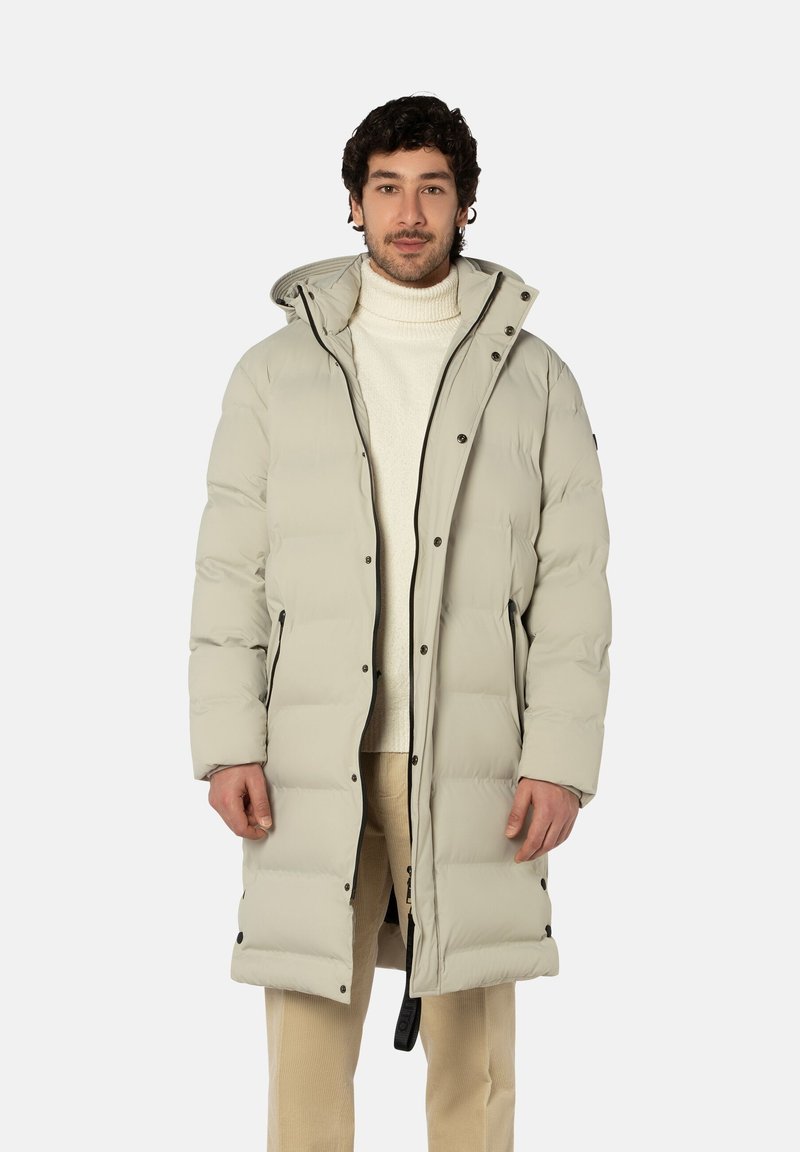 Lichtgrijze donzen jas met capuchon, voorzien van een rits aan de voorkant en drukknopen, twee zijzakken en een doorgestikt ontwerp voor isolatie.