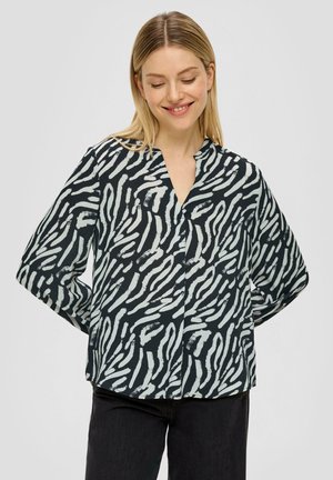 Schwarze und hellblaue gemusterte Bluse mit V-Ausschnitt, langen Ärmeln und lockerer Passform. Abstraktes Streifendesign auf weichem, glattem Stoff.
