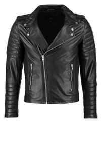 Veste de motard en cuir noir avec détails matelassés aux épaules et aux manches, fermeture éclair asymétrique à l'avant et deux poches verticales zippées.