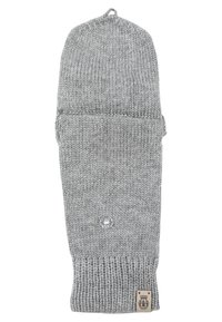Grau gestrickte Mütze mit einem strukturierten Muster, ausgestattet mit einem umgeschlagenen Bündchen und einem kleinen Logo-Tag an der Seite. Sie hat eine runde Spitze und einen kurzen Quast.