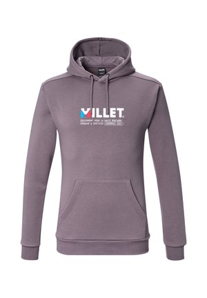 Purple hooded sweatshirt with front pocket and "Millet" logo text promoting high mountain equipment since 1921 in Chamonix.