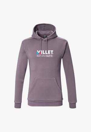 Purple hooded sweatshirt with front pocket and "Millet" logo text promoting high mountain equipment since 1921 in Chamonix.