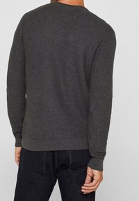 Maglione grigio con scollatura rotonda, polsini e orlo a coste, realizzato in tessuto testurizzato, mostrato dal retro. Abbinato a jeans scuri.